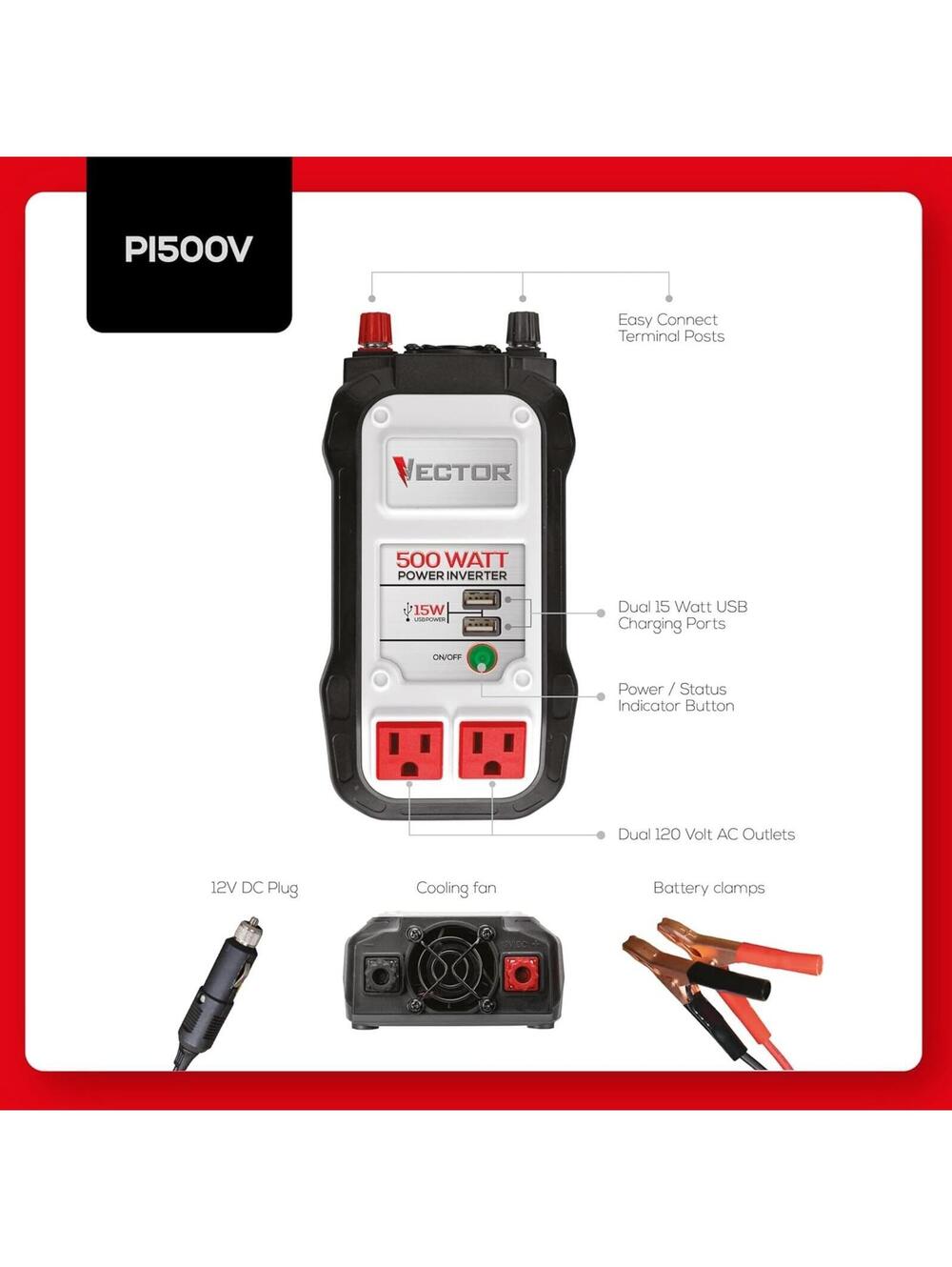 VECTOR 500 Watt Power Inverter, Dual Outlet, 2 15W USB Charging Ports DC Battery